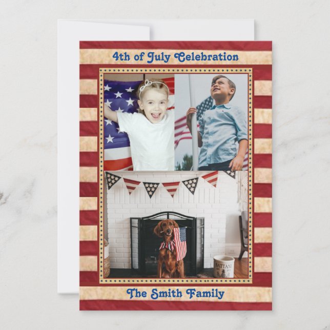 American Flag 3 Family Photo 4th of JULY Celebrate Invitation (Front)