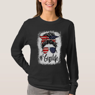 American Flag 4th Of July Gigi Life Messy Bun Moth T-Shirt