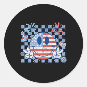 American Flag 4th Of July Groovy Smiling Face Chec Classic Round Sticker