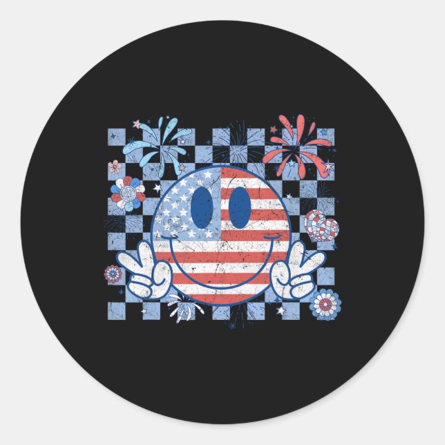 American Flag 4th Of July Groovy Smiling Face Chec Classic Round Sticker (Front)