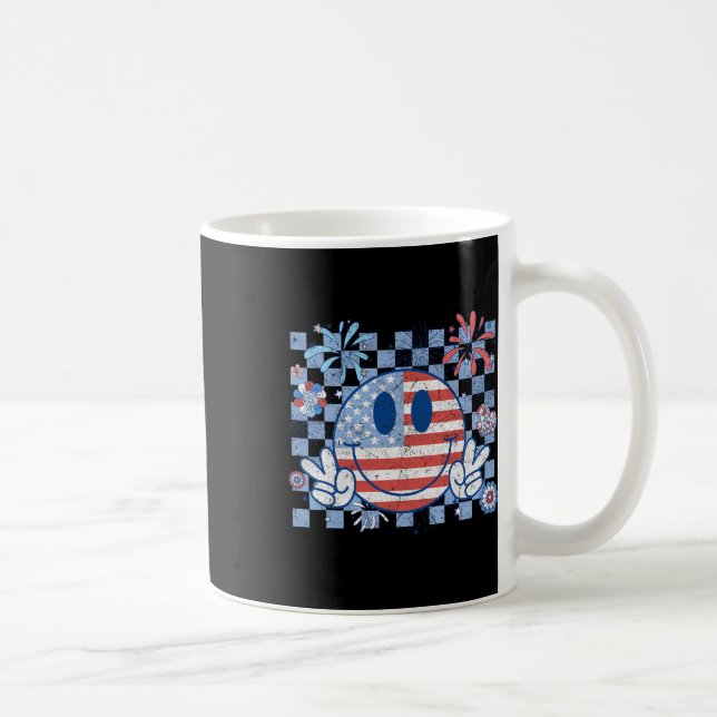American Flag 4th Of July Groovy Smiling Face Chec Coffee Mug (Right)