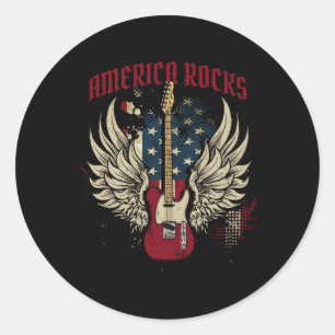 American Flag 4th Of July Guitar  Classic Round Sticker