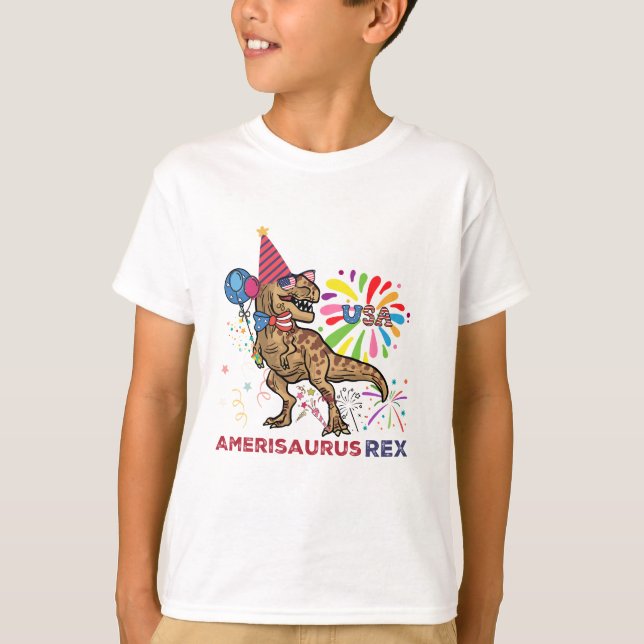 American Flag 4th of July T Rex Dinosaur Amerisaur T-Shirt (Front)