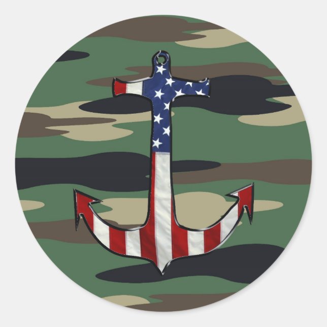 American Flag Anchor on Camo Classic Round Sticker (Front)