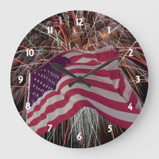 American Flag and Fireworks Large Clock