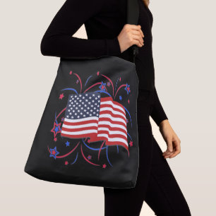 American Flag and Fireworks on Black Crossbody Bag