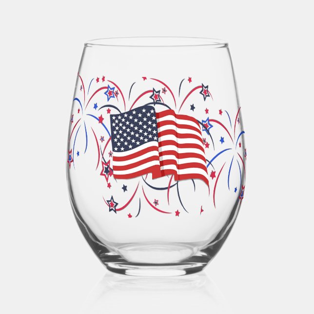 American Flag and Fireworks Stemless Wine Glass (Front)