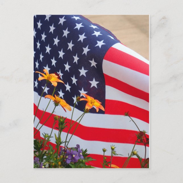 American Flag and Flowers Postcard (Front)