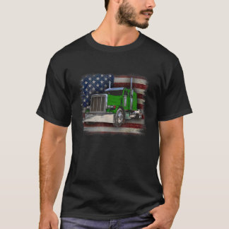 American Flag and Green Big Rig Patriotic Trucker T-Shirt