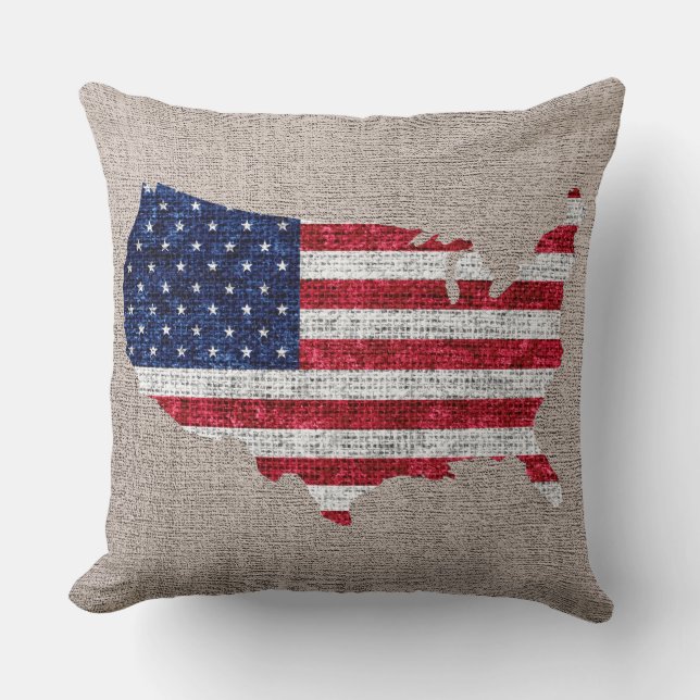 American Flag and Map Burlap Linen Rustic Jute #2 Cushion (Front)