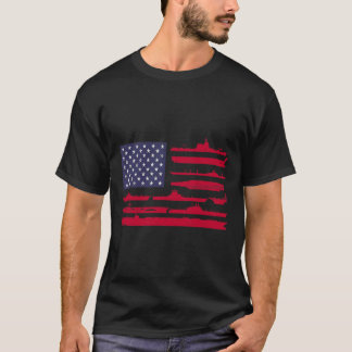 American Flag and naval ships - Patriotic Military T-Shirt