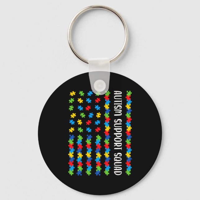 American Flag Autism Awareness Puzzle Support Squa Key Ring (Front)