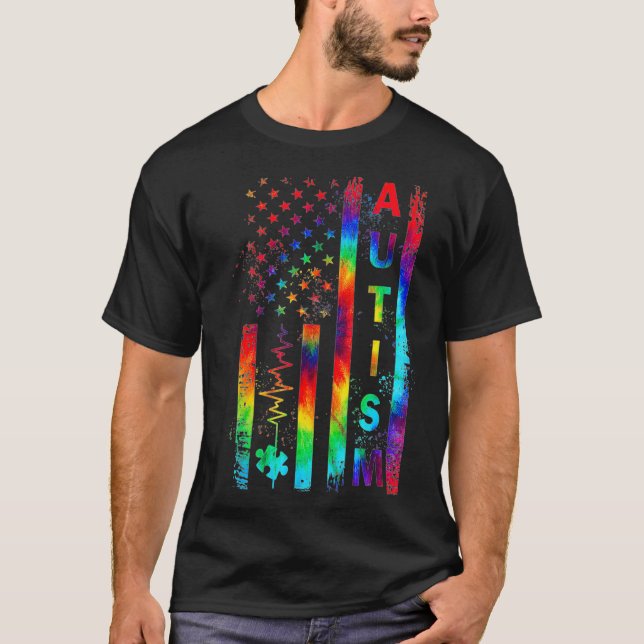 American Flag Autism Awareness Teacher Mum Tie T-Shirt (Front)