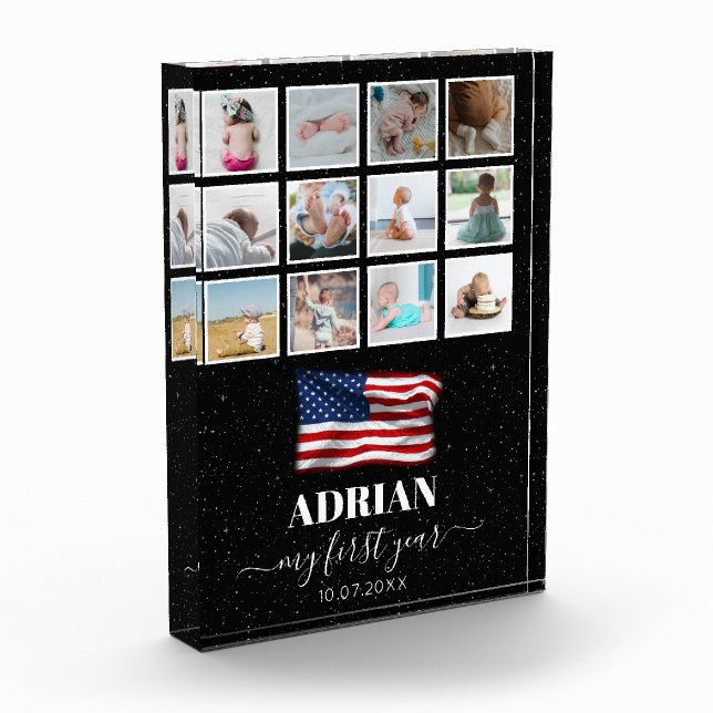 American Flag Baby First Year Photo Collage Block (Left)