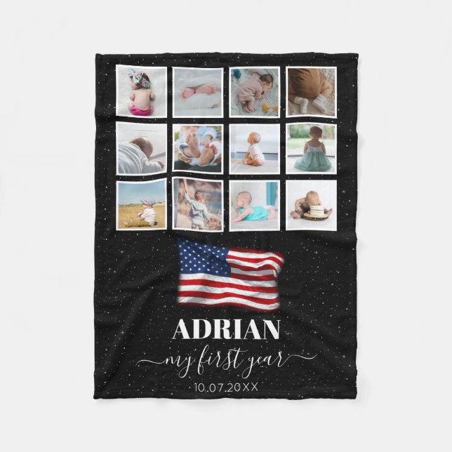 American Flag Baby First Year Photo Collage Fleece Blanket (Front)