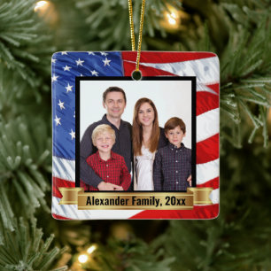 American Flag Background Patriotic Family Photo Ceramic Ornament