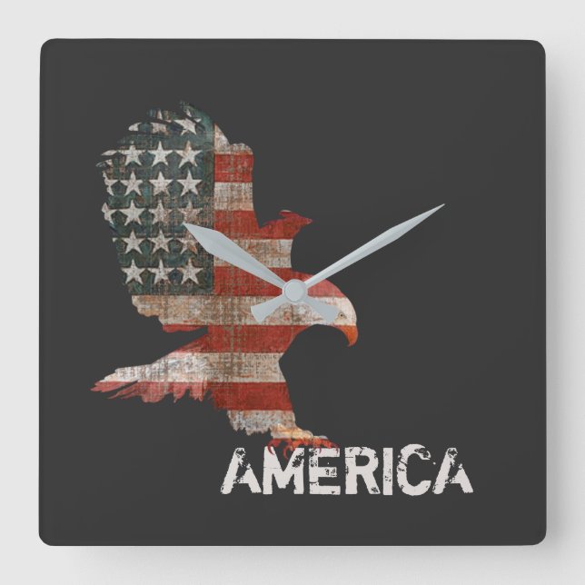 American Flag Bald Eagle America Text  Square Wall Clock (Front)