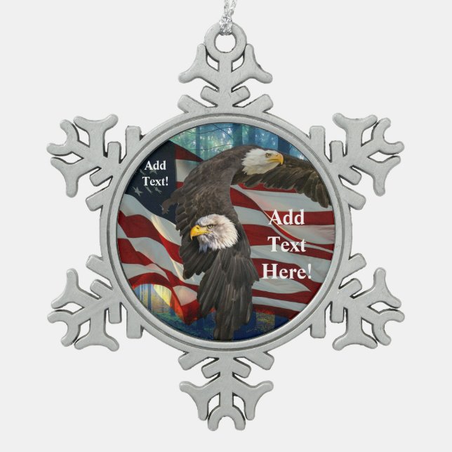 American Flag Bald Eagle Snowflake Pewter Christmas Ornament (Front)