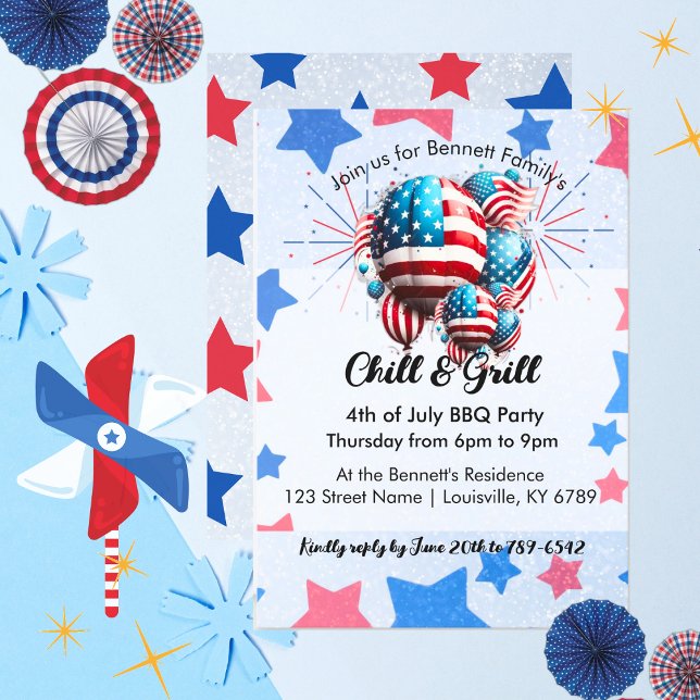 American Flag Balloon & Stars 4th of July Party Invitation (Creator Uploaded)