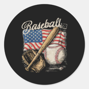 American Flag Baseball Player Bat Fan Catcher  Classic Round Sticker