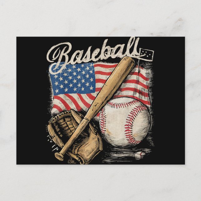 American Flag Baseball Player Bat Fan Catcher Pitc Postcard (Front)