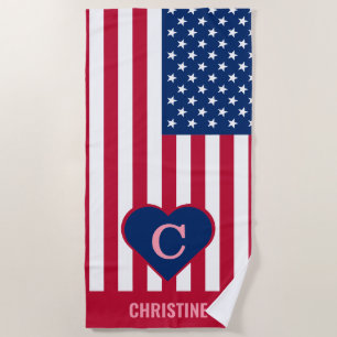 American flag beach house heart monogram last name towel
