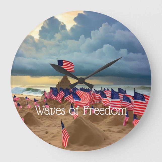 American Flag Beach Wall Clock-Patriotic Coastal   Large Clock (Front)