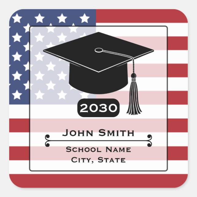 American Flag Black Cap Graduation Year  Square Sticker (Front)