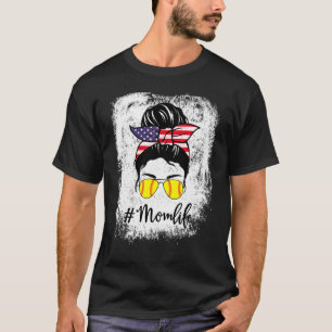 American Flag Bleached Softball Fastpitch Mum Life T-Shirt