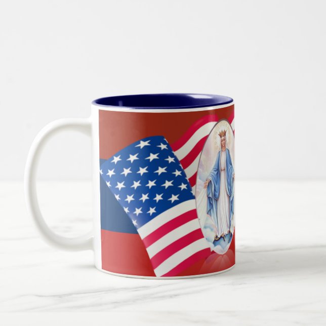 American Flag Blessed Virgin Mary Two-Tone Coffee Mug (Left)