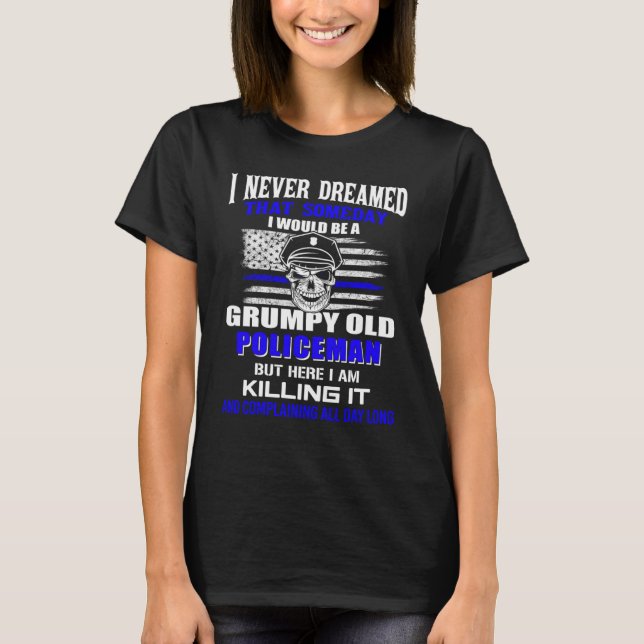 American Flag Blue Line Skull Grumpy Old Policeman T-Shirt (Front)