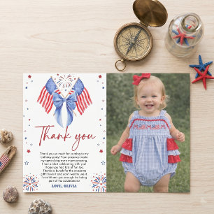 American Flag Bow Girl Birthday Thank You Card