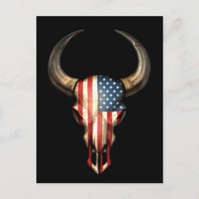 American Flag Bull Skull on Black Postcard (Front)