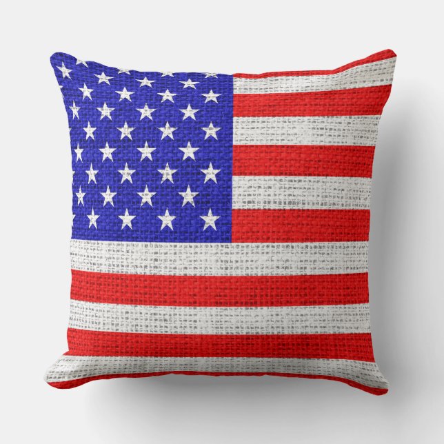 American Flag Burlap Linen Rustic Jute Cushion (Front)