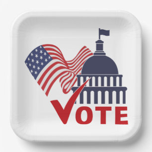 American Flag, Capital Vote Check Mark Paper Plate