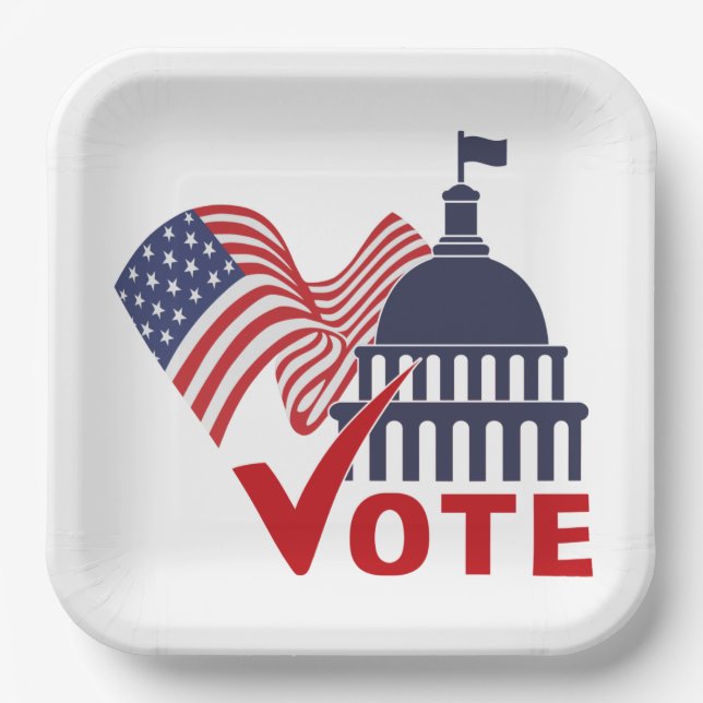 American Flag, Capital Vote Check Mark  Paper Plate (Front)