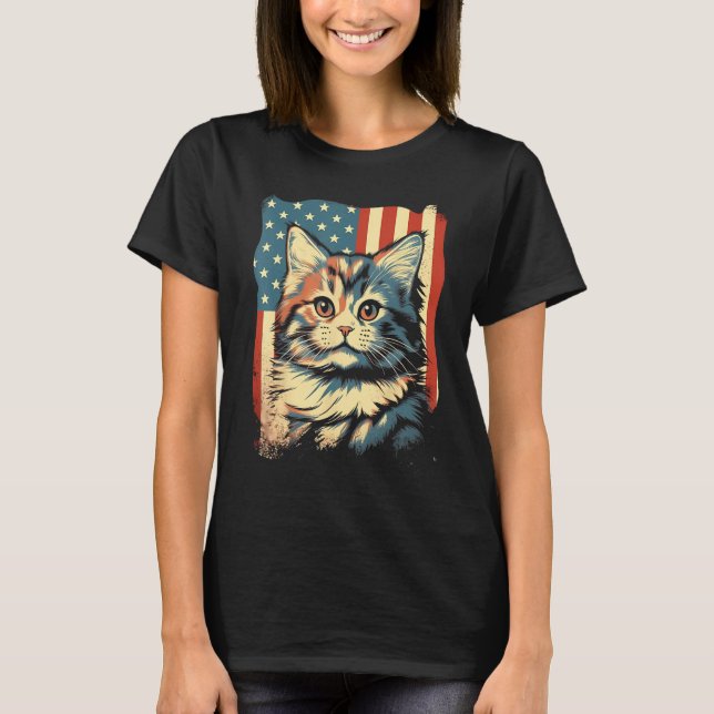 American Flag Cat 4th Of July Kitten Patriotic Pet T-Shirt (Front)