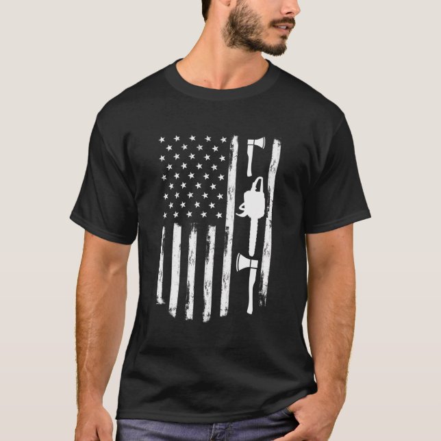 American Flag Chainsaw And Axe - Tree Cutting Tool T-Shirt (Front)