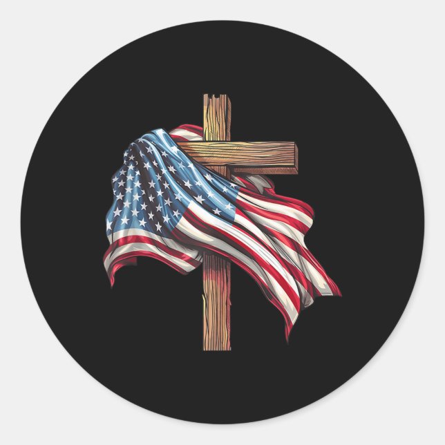 American Flag Christian Cross Jesus 4th Of July Pa Classic Round Sticker (Front)