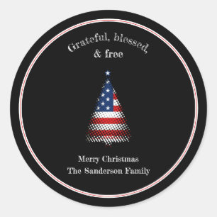 American Flag Christmas Tree Blessed Classic Round Sticker