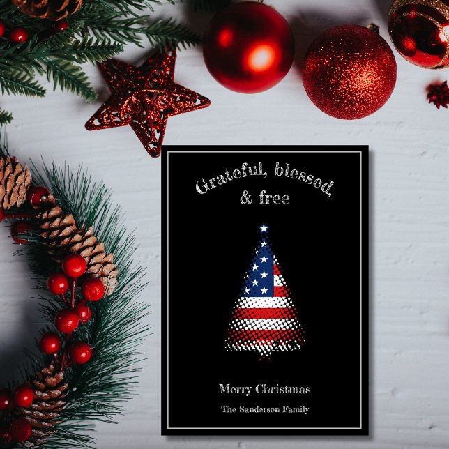 American Flag Christmas Tree Grateful Blessed Holiday Card (Creator Uploaded)