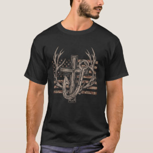 American Flag & Cross Hunting & Fishing Lover Dad T-Shirt