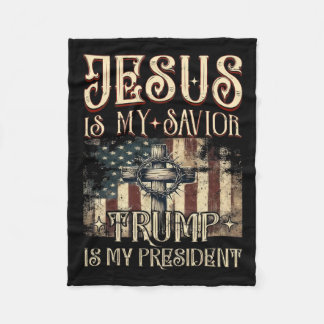 American Flag Cross Jesus Is My Saviour Trump Is M Fleece Blanket