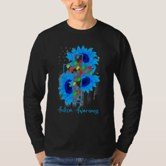 American Flag Cross Puzzle Piece Autism Awareness T-Shirt