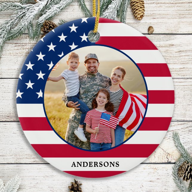 American Flag Custom Photo Patriotic Christmas Ceramic Tree Decoration (Creator Uploaded)