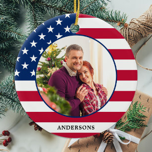 American Flag Custom Photo USA Patriotic Christmas Ceramic Tree Decoration