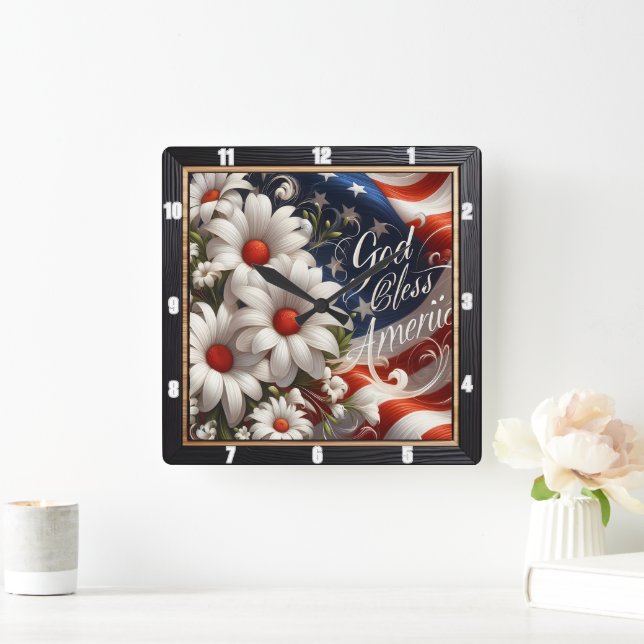 American Flag Daisies Patriotic Square Wall Clock (Home)