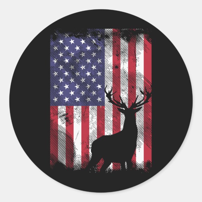 American Flag Deer Elk Hunting Usa Patriotic Hunte Classic Round Sticker (Front)