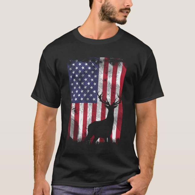 American Flag Deer Elk Hunting Usa Patriotic Hunte T-Shirt (Front)