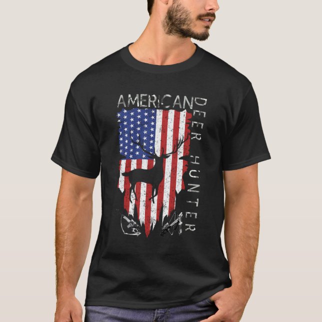 American Flag Deer Hunting Gifts For Hunters Distr T-Shirt (Front)